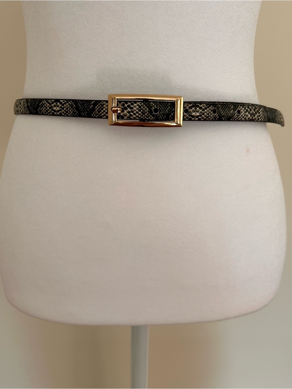 Leather Belt Snakeskin Print Skinny Belt Gold Buckle Black Gray